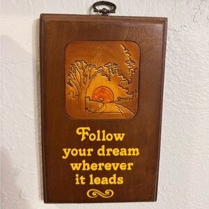 1970’s wall plaque with leather design and painted lettering